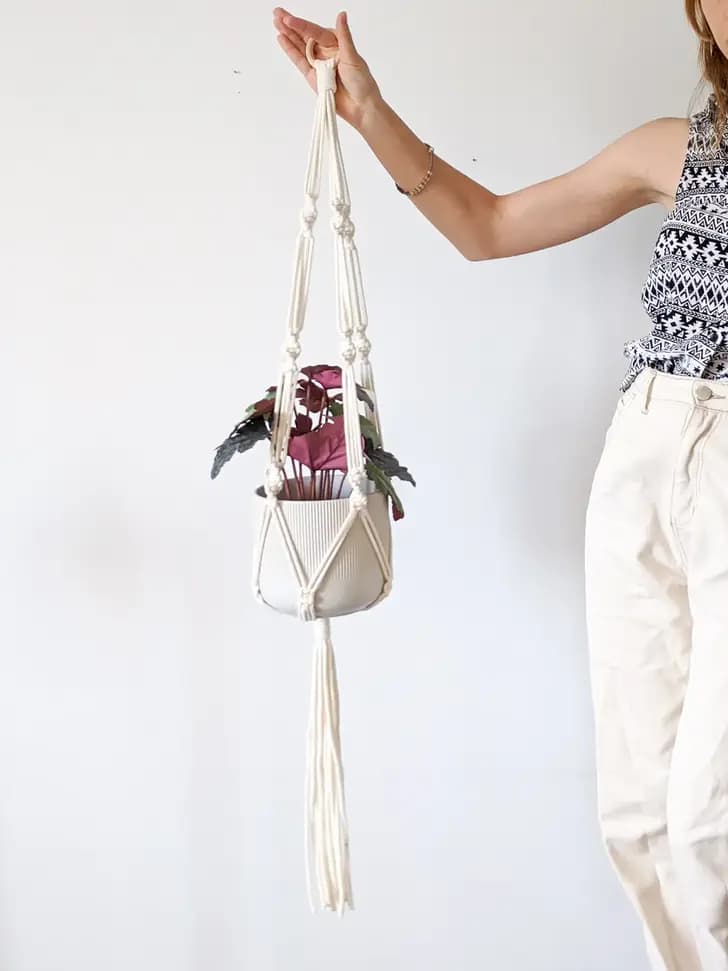 A hand holding a cream macramé plant hanger with a potted plant